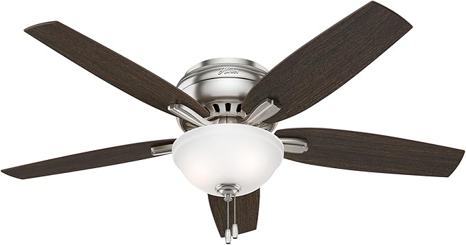 Hunter 52 inch Indoor Ceiling Fan with LED Light - Ceiling Fan with Pull Chain, For Bedroom or Living Room, Low Profile Flush Mount, No Remote, 5 Blades, Includes Bulbs- Newsome 53315, Brushed Nickel