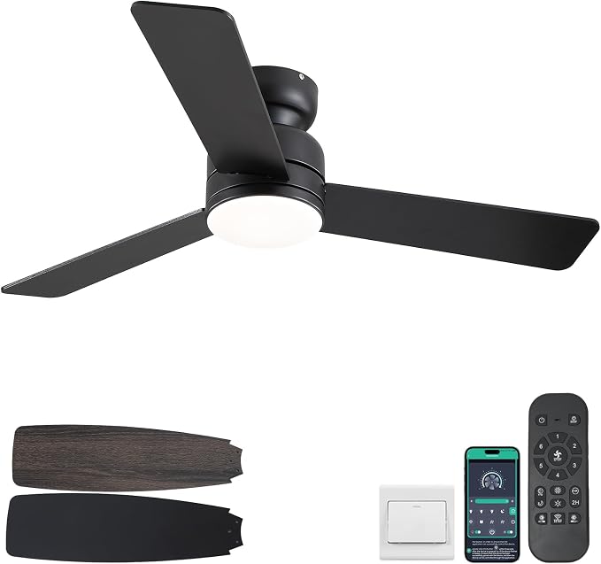 Kviflon 46 inch Modern Ceiling Fans with Lights and Remote/APP Control, Low Profile Flush Mount, Reversible 3 Blades, Double Sided, 6 Speeds, 3CCT, Dimmable LED Lights for Kids Room Bedroom, Black