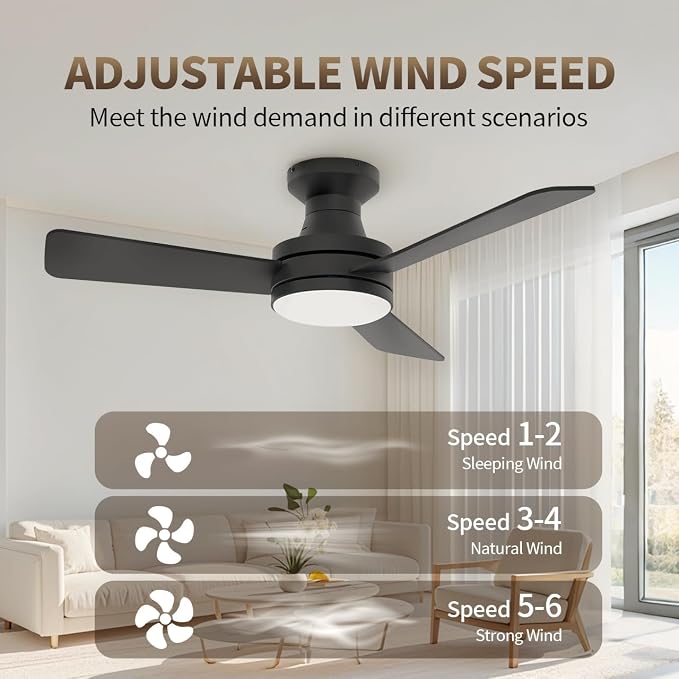 NURMINA 42 Inch Ceiling Fan with Lights, RGB Flush Mount Low Profile Ceiling Fan with Lights, 6CCT Dimmable Reversible Quiet DC Motor Remote Control for Bedroom Kids Room Living Room, Black
