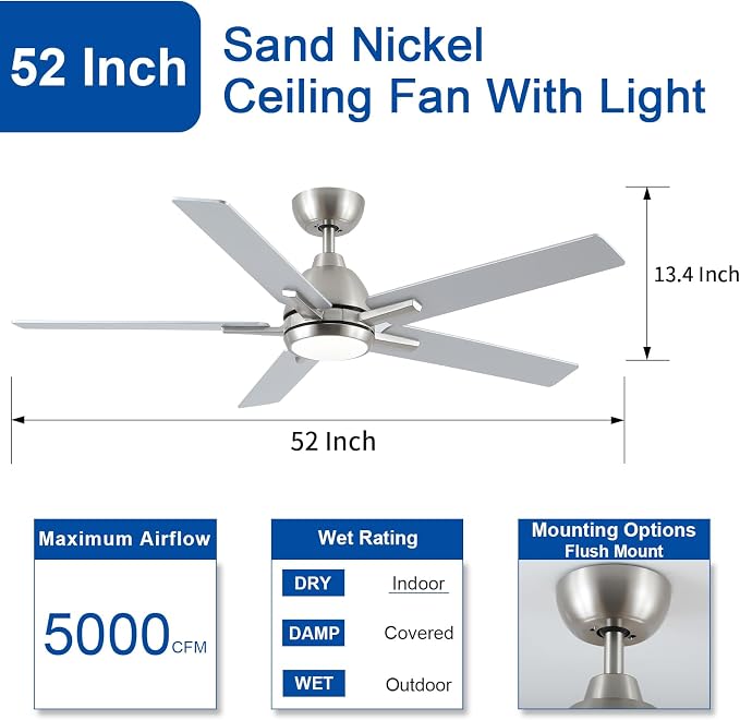 52 Inch Downrod Brushed Nickel Ceiling Fan with Light & Remote, ETL Listed | 6 Speed, Quiet DC Motor, 3-Level Timer Function, 3 Color Temperature, Forward/Reserve For all Seasons, Indoor/Covered Outdoor