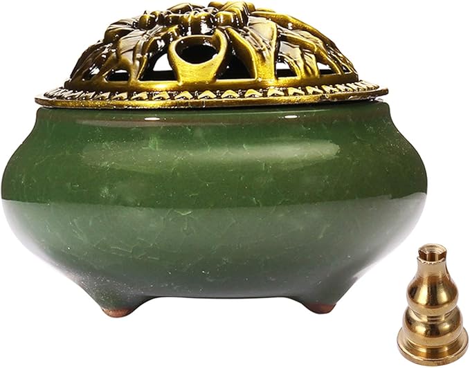 Miupoo Stick Incense Burner and Cone Incense Holder with Brass Incense Stick Holder Ceramic Ash Catcher (Dark Green)
