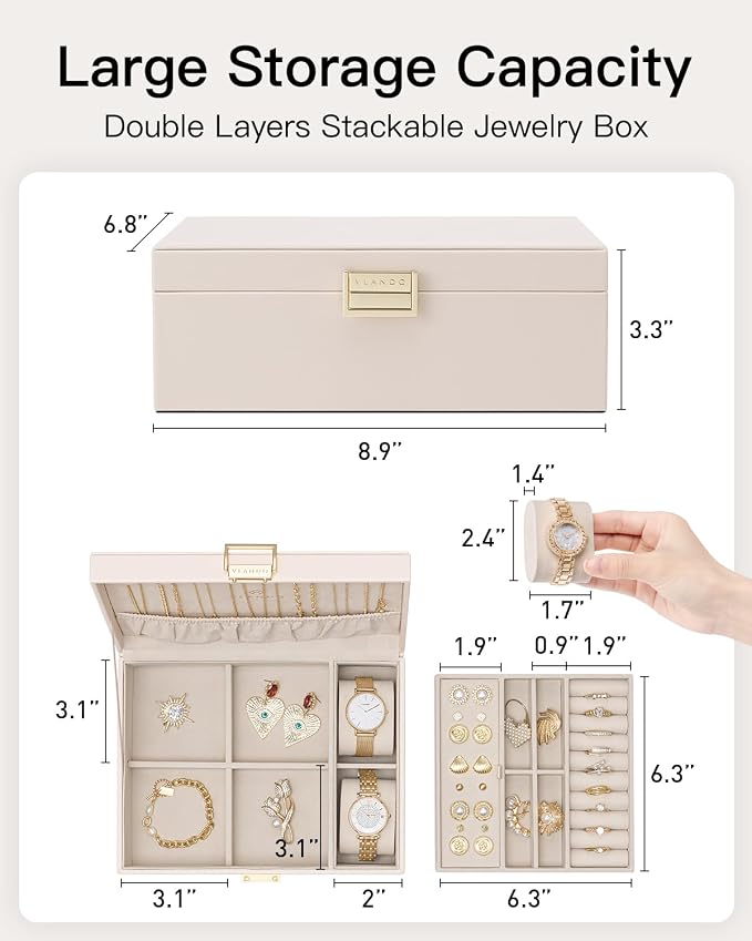 VLANDO 2 Layer Jewelry Boxes Large Jewelry Organizer for Women Removable Jewelery Tray for Watch Necklace Earrings Rings Bracelets Mothers Gifts Mom Gifts(Apricot White)