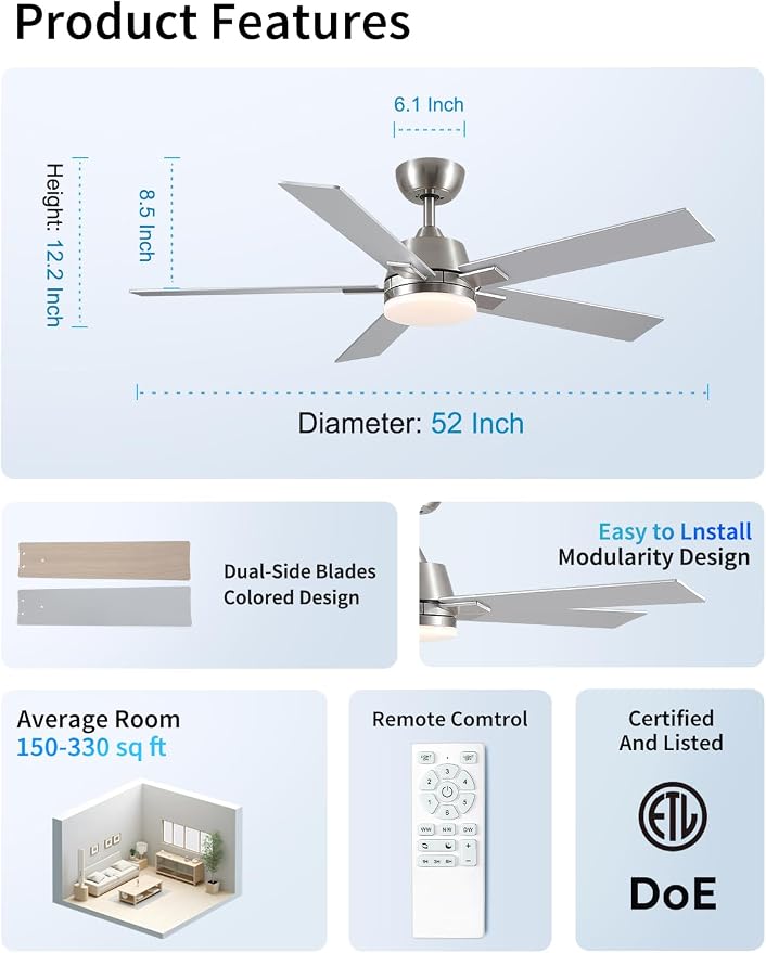 Rayqueen 52Inch Brushed Nickel Ceiling Fans with Lights and Remote,Downrod | 6 Speed Reversible DC motor,3-color temperature dimmable LED.For indoor/covered outdoor.Modern style for bedroom room