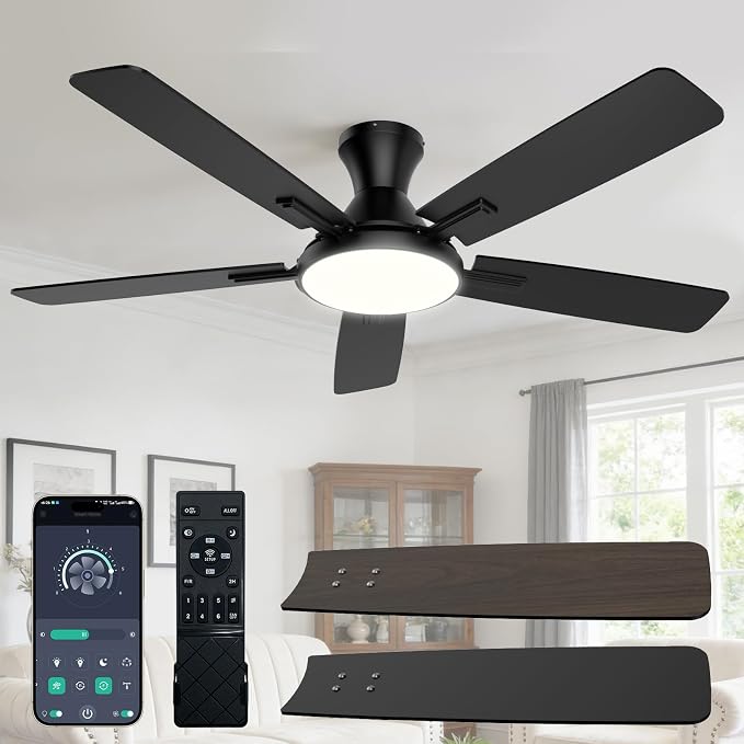 Ceiling Fan with Lights, 52” Ceiling Fan with Light and Remote/APP Control, 2700-6500K CCT Adjustable, Stepless Dimmable, Quiet Reversible Motor, Flush Mount LED Fans Light for Bedroom Living Room