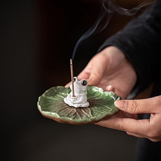 Cute Ceramic Frog Incense Holder with Ash Catcher - Japanese Zen Lotus Design Stick Burner for Meditation, Home Decor & Spiritual Gifts for Women
