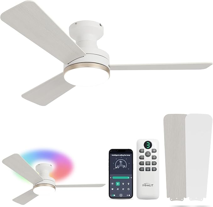 42 inch RGB Ceiling Fan with Light, Smart App & Remote Control Low Profile Flush Mount, Music Sync Lighting, 6-Speed Quiet Reversible DC Motor, 4CCT Dimmable for Home Office Party