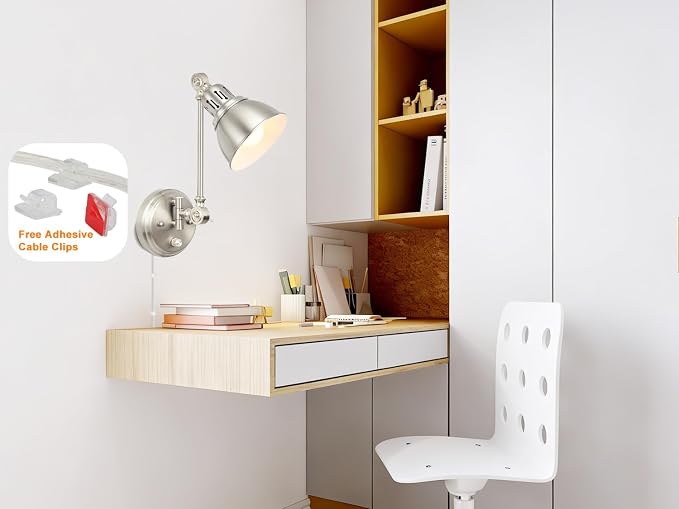 GOODATE 1 Pack Plug in Wall Sconce with Remote Control, Dimming, Adjustable Colors 2700K-6500K, Plug in Wall Light, Swing Arm Wall Lamp with Night Light & Timer, LED Bulb Included, Brushed Nickel