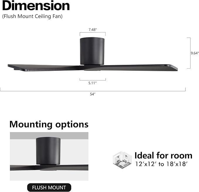 WINGBO 54 Inch Flush Mount DC Ceiling Fans without Lights, 5 Carved Solid Wood Blades, 6-Speed Reversible DC Motor, Low Profile Hugger Ceiling Fan No Lights for Indoor and Outdoor, Matte Black