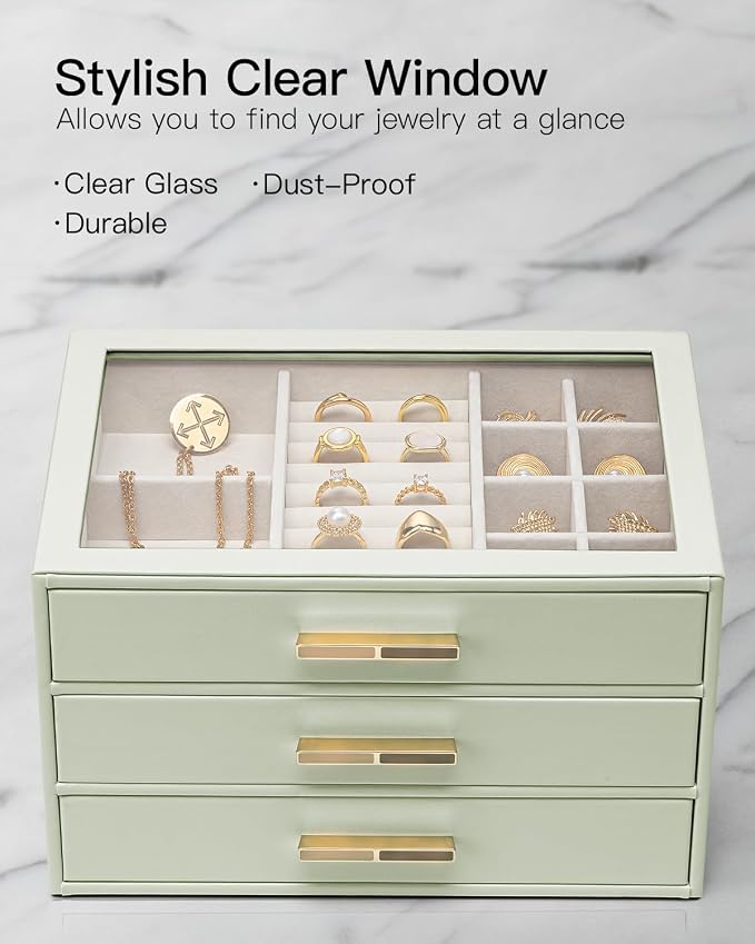 VLANDO Jewelry Box for Women, Glass Lid Jewelry Organizer with 3 Drawers for Necklaces Rings Earrings Bracelets - Sage Green