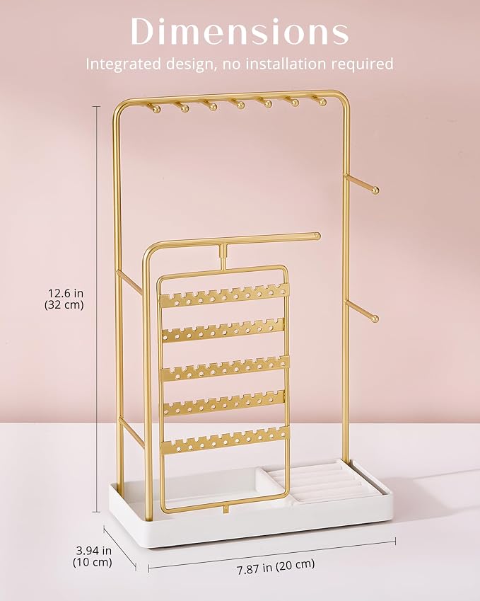 ProCase Jewelry Stand Holder Organizer and Storage, Gold (No-Assembly) | Rotating Earring Bracelet Holder Storage, Hanging Jewelry Display Velvet Ring Tray, Teen Girls Birthday Gifts Room Dorm Decor