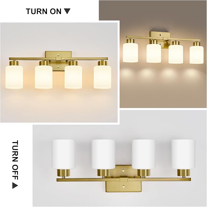 FonmYim Brushed Gold Bathroom Light Fixtures, 4-Light Modern Vanity Light Over Mirror, Wall Sconces with Milky White Frosted Glass Shades, E26 Socket (Bulbs Not Included)