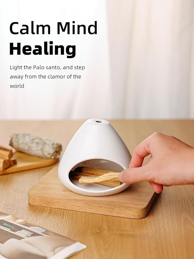 Palo Santo Holder, Modern Incense Burner, Ceramic Smudge Bowl for Yoga, Meditation and Energy Cleansing, Meditation Zen Decor for Home Office (White)