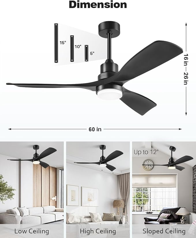 60 Inch Ceiling Fans with Lights Remote, Black Ceiling Fan, 3 Downrods, 3 Wood Blades, ETL Listed, Timer, 6 Speed Reversible DC Motor Outdoor Fans for Patios Bedroom Farmhouse, 60in, Black