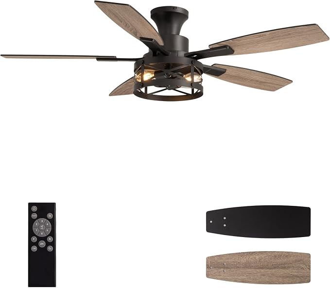 52 Inch Flush Mount Ceiling Fans with Lights and Remote Control, Low Profile Farmhouse Ceiling Fan for Bedroom Living Room and Patio, Black Caged Ceiling Fan for Indoor and Outdoor（NO BULBS）