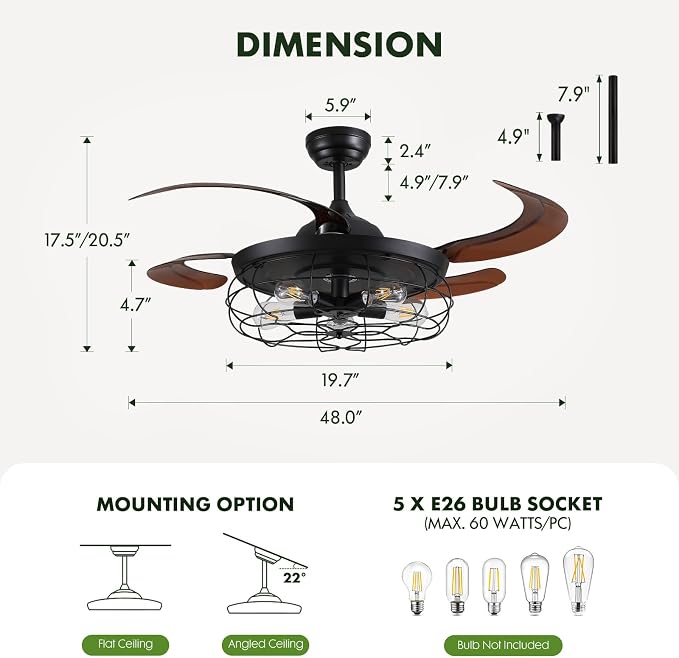 48" Rustic Ceiling Fan with Lights and Remote, Industrial Fandelier Ceiling Fan Black Retractable Invisible Ceiling Fan for Farmhouse Living Room Dining Room Bedroom Kitchen Garage