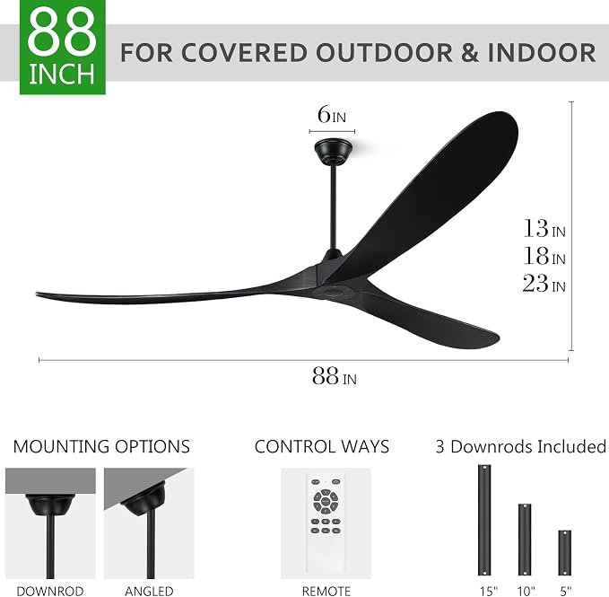 Eliora 88" Ceiling Fans without Lights, Wood Ceiling Fan no Light with Remote, Large Outdoor Ceiling Fan for Patio, Porch, Bedroom, 6 Speed, Quiet DC Motor, ETL Listed-Black