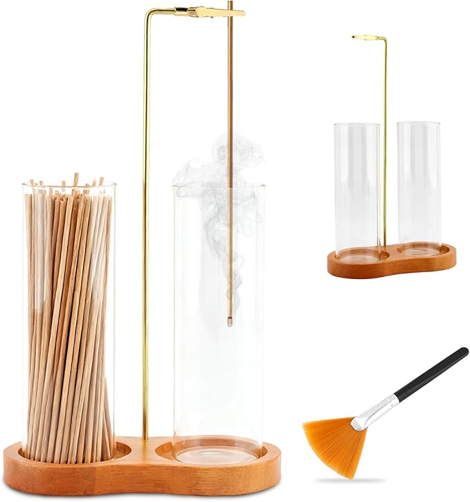 2 in 1 Incense Holder for Sticks with Glass Ash Catcher, Incense Sticks Organizer Anti-Ash Flying Inscents Stick Holder for Yoga Spa Meditation Home Decor(Color:Wood)