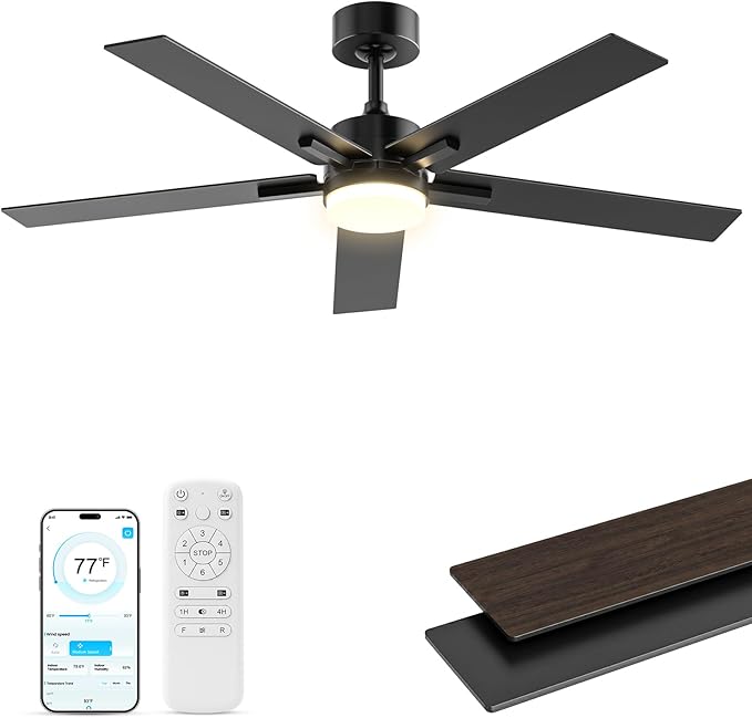 Obabala Ceiling Fan with Light 52 Inch, DC Motor Ceiling Fan with Remote and APP Control, Dimmable LED Color Changing, Reversible Quiet Fan for Bedroom Living Room Indoor Outdoor, Modern