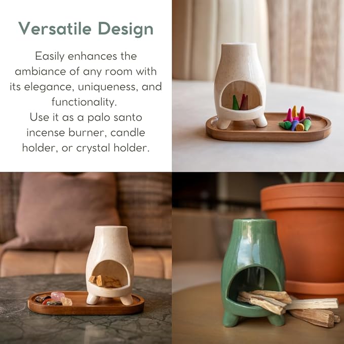 Mini-Chiminea Palo Santo Holder, Handcrafted Ceramic Incense Holder Burner and Ash Catcher for Palo Santo Sticks or Incense, Unique Home Decor (Green)