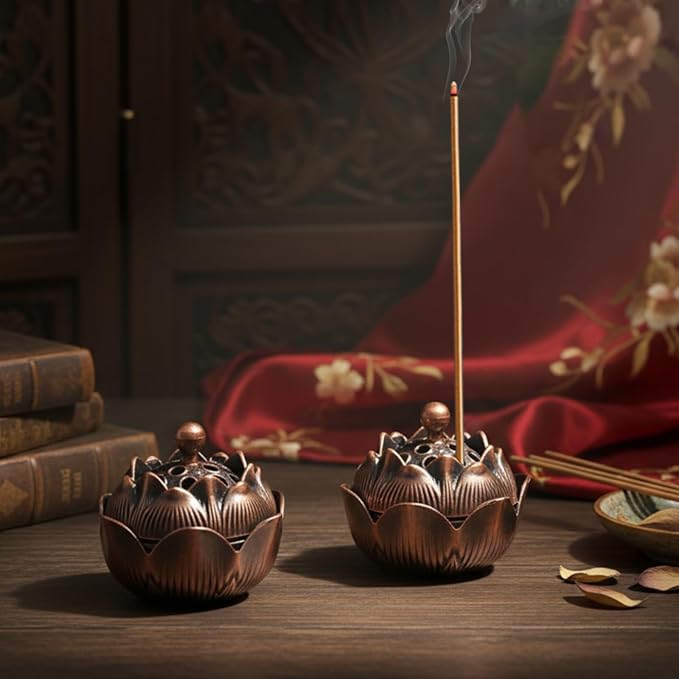 30 Pcs Return Gifts for Pooja Incense Holder Indian Return Gifts Lotus Flower Incense Burner Holder Sticks Cone Burner Ash Catcher with Lid for Pooja Indian Wedding Party Supplies(Bronze)