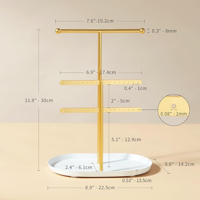 Saydear 3-Tier Jewelry Organizer Stand, Earring Holder Necklace Tree | Gold Metal Earring Rails With Top Necklace Bar, White Oval Tray Base, Ideal Vanity Dresser Decor, Gift For Her