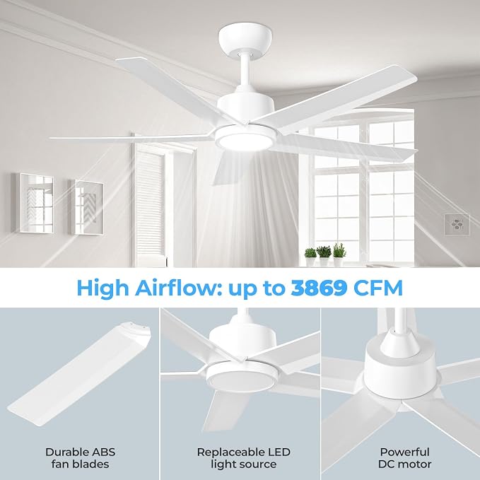 ocioc 44" Ceiling Fans with Lights,White Ceiling Fan with Light and Remote,Reversible Airflow,6 Speeds,Timer,Dimmable,Modern Ceiling Fan for Bedroom,Patios Indoor/Covered Outdoor Use