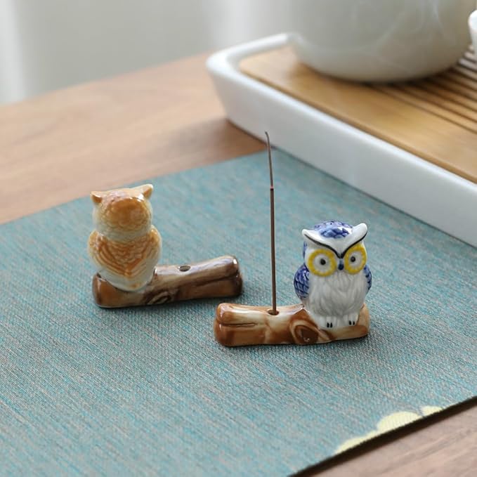 Set of 3, Japanese Handmade Mini Cute Owl Ceramic Incense Stick Holder, Adorable Animal Theme Inscent Tray for Home Decor Yoga Spa Meditation, 2 inches