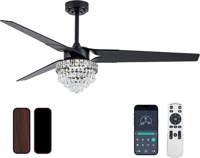 Chandelier Ceiling Fans With Lights And Remote, Chandelier Fan Ceiling,Crystal Ceiling Fan Fandelier With Lights,6 Speed 3 Timer Quiet Ceiling With Fans For Living Room Bedroom (Black, 60 In'ch)