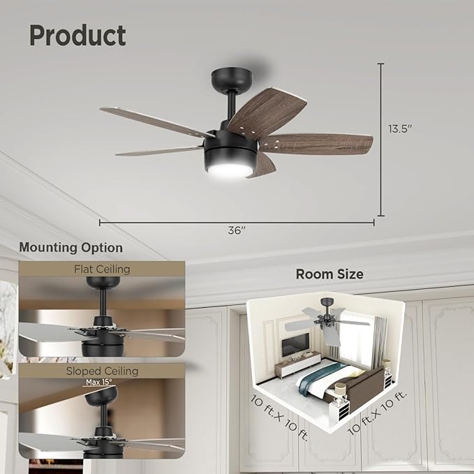 Ceiling Fan 36'' for Small Room: Modern Ceiling Fans with Light Remote Control - Reversible Quiet DC Motor Dimmable with 6 Speeds for Small Office Kids Bedroom(Bronze+Walnut)