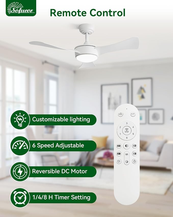 Sofucor 42 Inch Ceiling Fans with Lights-Modern White Bedroom Ceiling Fan with Remote, Plug-in Blades Quick Install, Reversible Quiet DC Motor, Outdoor Small Ceiling Fan for Kitchen/Living Room/Patios