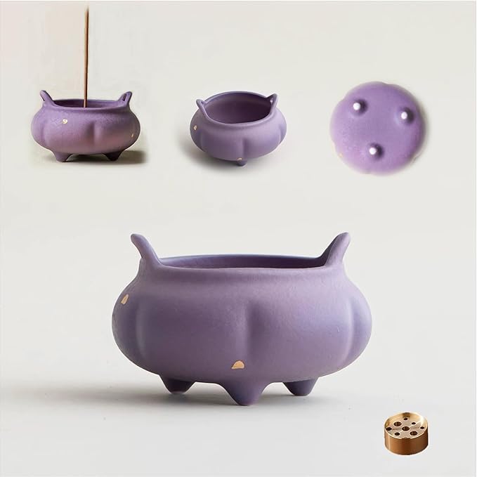 Hermit Life Incense Burner with 9 Holes Stick Holder, Lotus Bud or Tripod Ding Shape Design and Matte Ceramic Surface for Home Décor, Incense Stick Holder with Ash Catcher (Purple Tripod Ding)