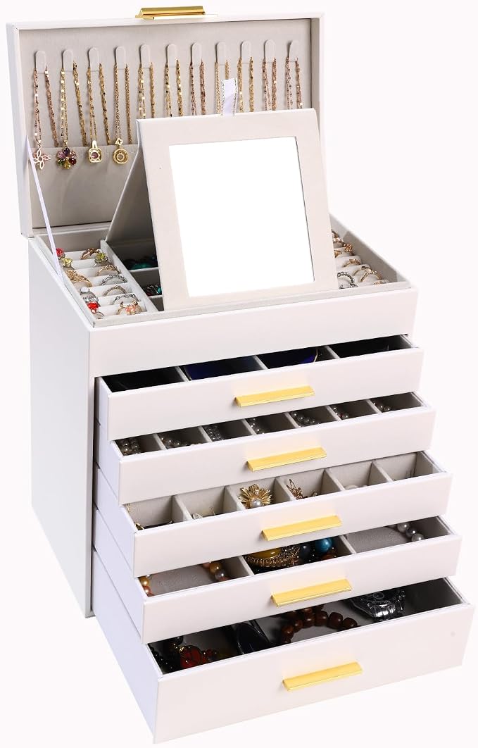 BOOVO Jewelry Boxes for Women, White and Black 6 Layer Large Jewelry Box for Necklace, Bracelet, Earrings, Rings Storage, Jewelry holder Organizer for Girls Gift (White and Gold, 6 layer)