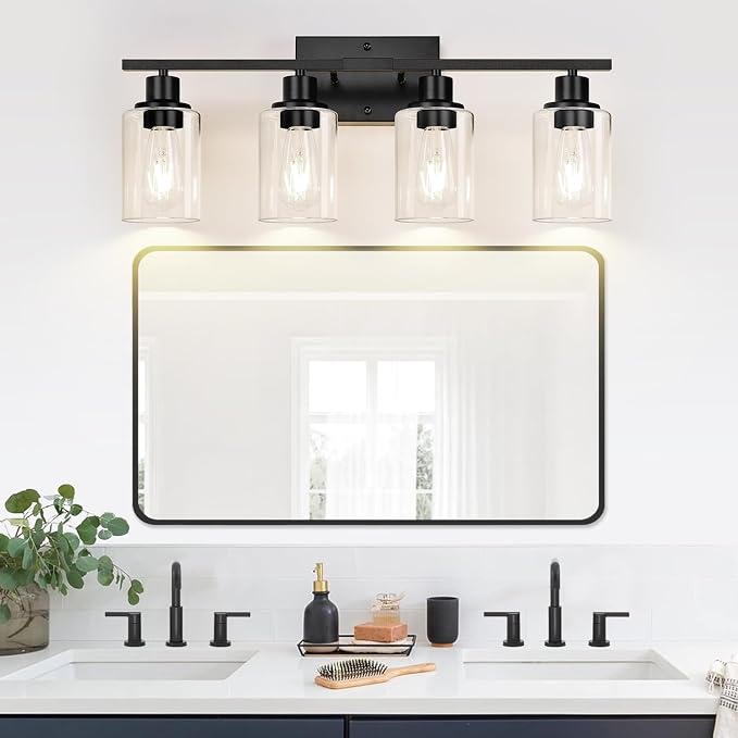 Indoi 4-Light Bathroom Light Fixtures, Matte Black Modern Vanity Lights with Clear Glass Shades, Bathroom Wall Lamp for Mirror Living Room Cabinet Bedroom Porch