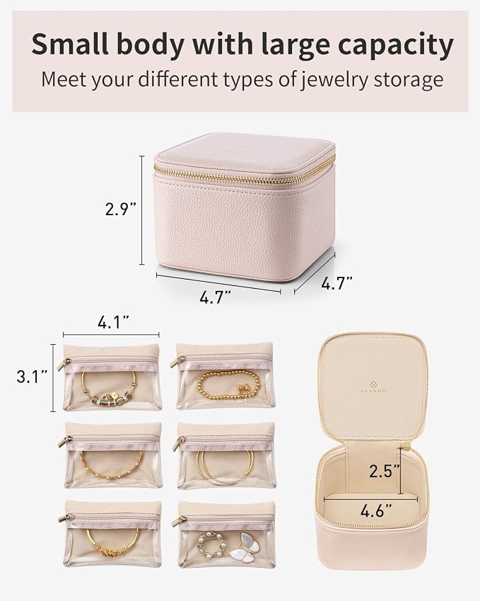 Vlando Travel Jewelry Case,Jewelry Organizer with 6 zipper velvet Jewelry bags for Women Girl,Wedding Birthday Gift Ideas for Women Earrings Rings Storage Gift Box Packaging Pink