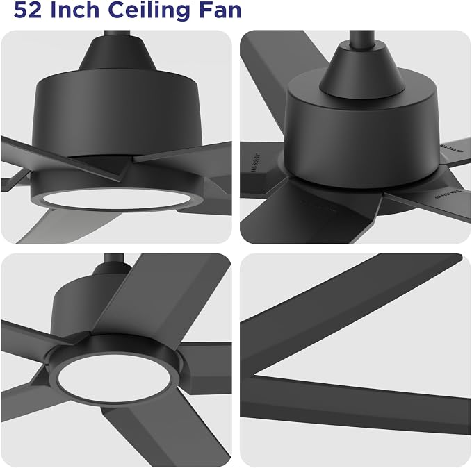 ocioc Ceiling Fans with Lights, 52 inch Black Ceiling Fan with Light and Remote Control, 3CCT, Quiet DC Motor, 5 Blades Modern Ceiling Fan for Living Room Farmhouse Bedroom