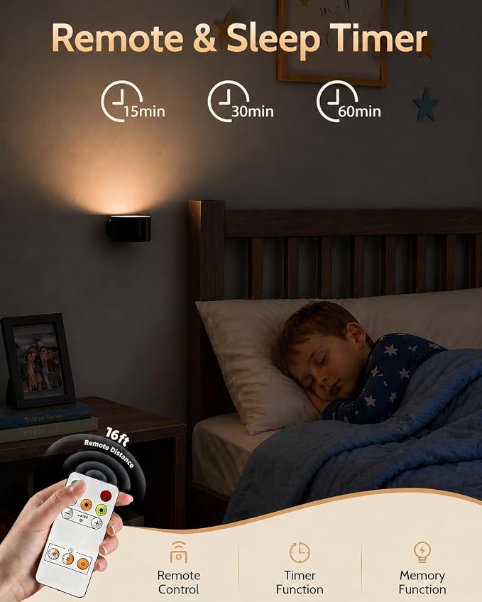 LED Wall Mounted Lights, Rechargeable Wall Sconces, 3 Color Temps, Remote & Touch, 360° Rotating and Dimmable for Bedroom, Bedside & Reading (Black, 1 Pack)