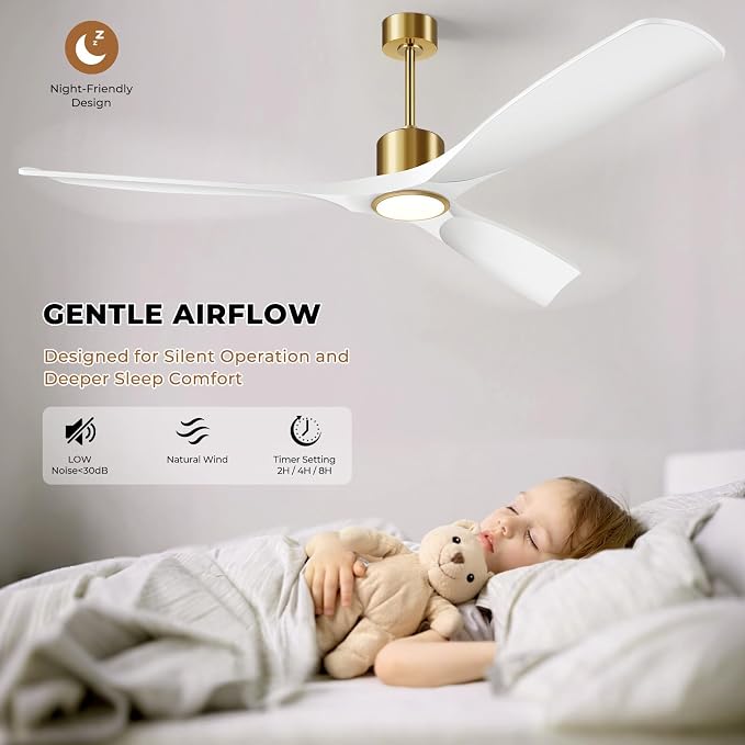 60" Ceiling Fan with Lights,Outdoor Ceiling Fan Work Smart with Alexa/Gg/App/Remote,3-Color Light 6-Speed Quiet Reversible DC Motor for Patio Porch,White and Gold
