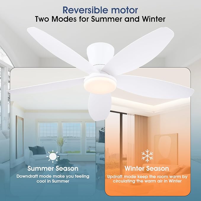 Surtime 42" Ceiling Fans with Lights-Low Profile Ceiling Fan with Light and Remote/APP Control,Flush Mount,DC Reversible,LED Dimmable Modern Ceiling Fans for Bedroom,Indoor/Outdoor Patio Use(White)