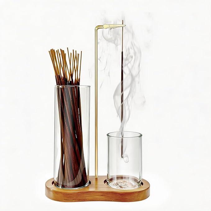 Glass Incense Holder, Black Incense Sticks Burner Holder with Storage,Hang Upside Down Incense Holder for Sticks with Glass Ash Catcher for Meditation Yoga Spa Room Decor (Natural Wood)