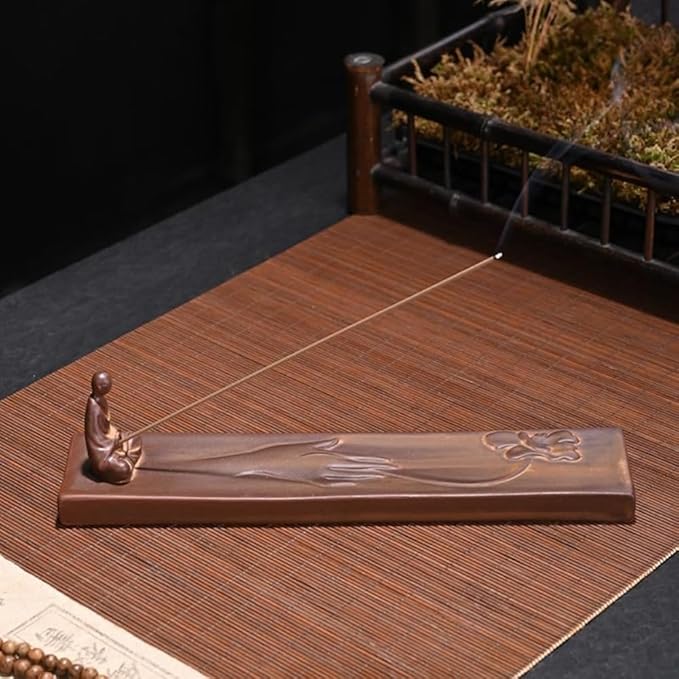 Handmade Ceramic Monk Incense Holder – Meditating Buddha Figurine Incense Stick Burner with Lotus Ash Catcher Tray, Zen Home Decor for Meditation Yoga Altar Spiritual Gift