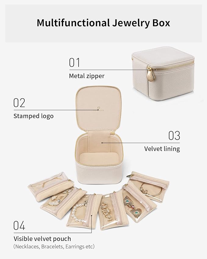 VLANDO Jewelry Travel Case,Valentines Gift,Travel Jewelry Organizer with Clear Velvet Jewelry Bags 6Pcs Zipper Pouch for Women Girl Birthday Gift-White