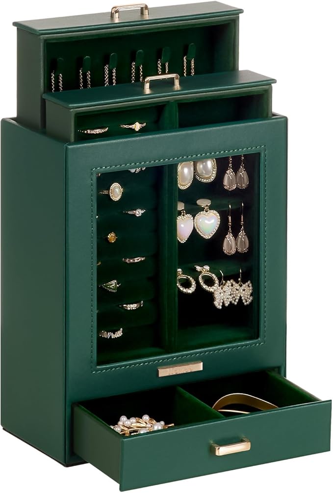 Homde Display Jewelry Box for Girls: Starter Organizer with Clear Window | Vertical Drawers for Earrings Rings Necklaces - Compact Footprint Fits Small Vanities - Birthday&Graduation Gift for Teens