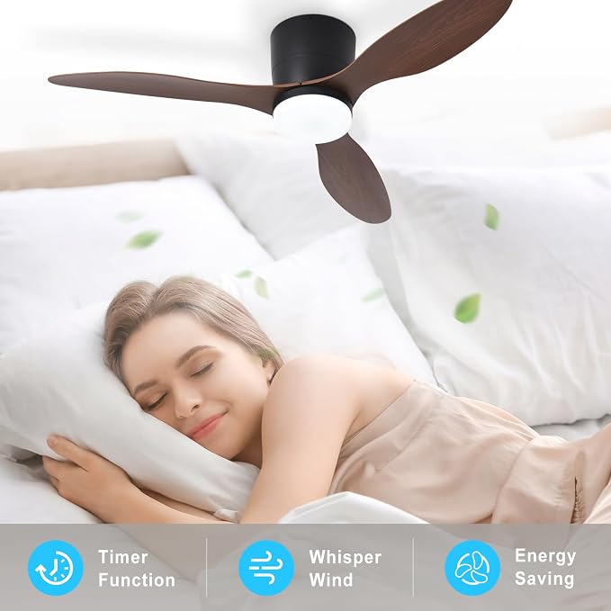Depuley Flush Mount Ceiling Fan: 42-Inch Black Ceiling Fans with Lights for Bedroom Indoor Outdoor - Low Profile Ceiling Fans with Remote Control 24W 3CCT Dimmable 3 Reversible Walnut Blades 6 Speeds