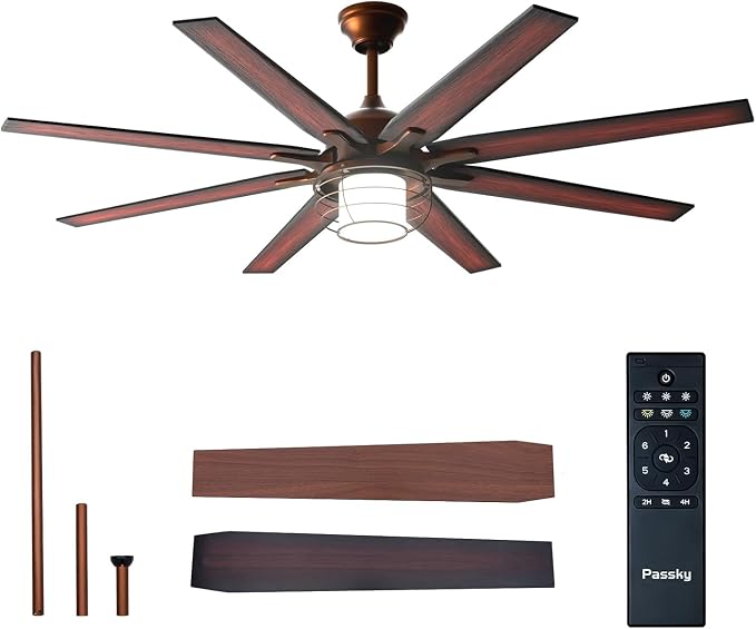 Passky 66 inch Ceiling Fans with Lights,Bronze Ceiling Fan with Light and Remote Control, Reversible, Dimmable, 3CCT, Quiet, Caged Ceiling Fan for Farmhouse, Bedroom, Living Room, Indoor/Outdoor Use