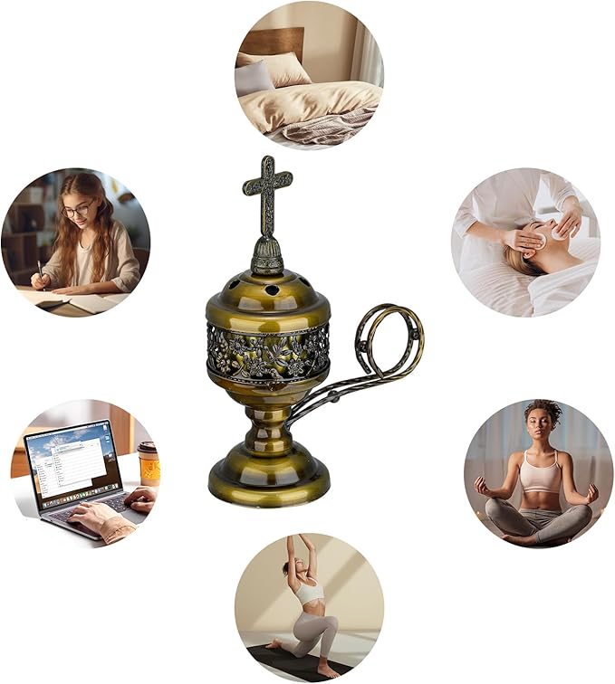 Decorative Palm Tree Incense Burner, Gold Metal Design (Bronze-F008)