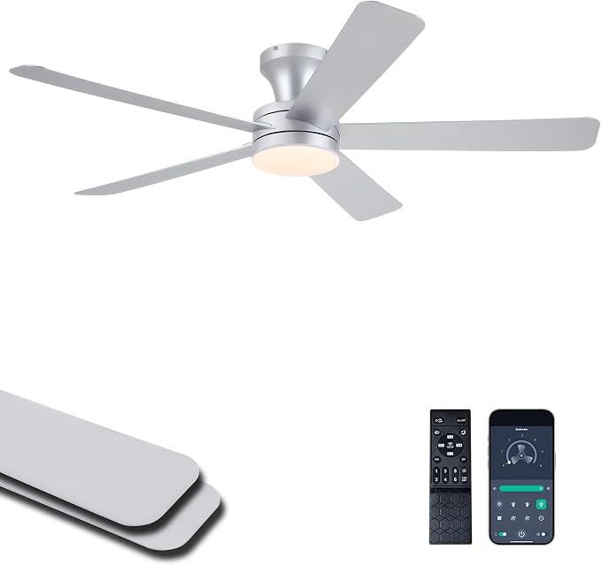 Ayaoty 46" Ceiling Fans with Lights and Remote - Flush Mount Ceiling Fan Light with ABS Blades and 3CCT Dimmable, Reversible, Low Profile Fan Light for Indoor Modern Bedroom, Kitchen Silver