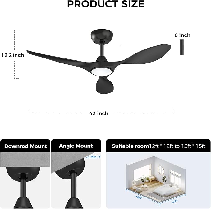Roomratv Ceiling Fans with Lights and Remote Control,Quiet Noiseless Reversible DC Motor,6 Speeds,Timers, 3 CCT, Indoor Use, Plastic Blades,42 Inch Black Modern Ceiling Fan for Bedroom Living Room
