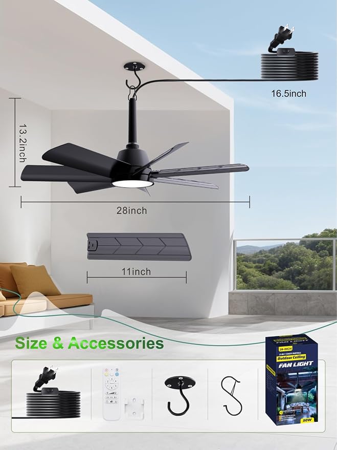 LANMEL Outdoor Gazebo Ceiling Fan with Light and Remote, 28 Inch, Black | Plug-In, IP65 Waterproof, Hanging with Hook, 6 Speed, Reversible, 3CCT, Dimmable, Portable, for Patio,Canopy,Porch,RV, 2 Pack