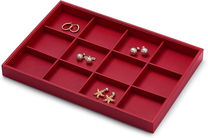 Oirlv Red Leather Jewelry Tray 12-Grid | Red Leather Exterior, Soft Microfiber Interior, 35X24X3Cm Tray with 12 Grid Inserts, Bold Color, Versatile Jewelry Organizer