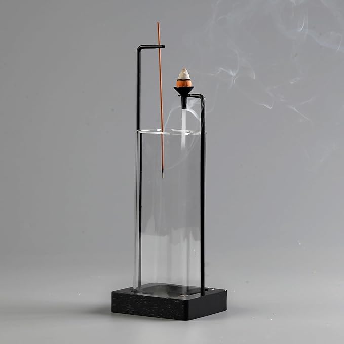 Incense Holder for Sticks and Incense Burner for Cone Incense Set, Upside Down Incense Burner with Removable Glass Ash Catcher Anti-Ash Flying Black